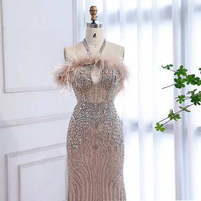 Luxury Nude Halter Feather Crystal Evening Dress LA73349 - SERENE HILL