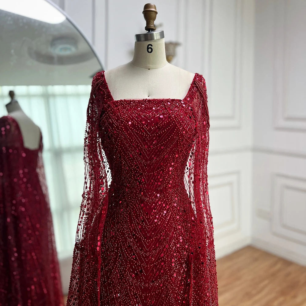 Luxury Turquoise Beaded Pearl Arabic Evening Dress with Cape Sleeves LA72590 - SERENE HILL