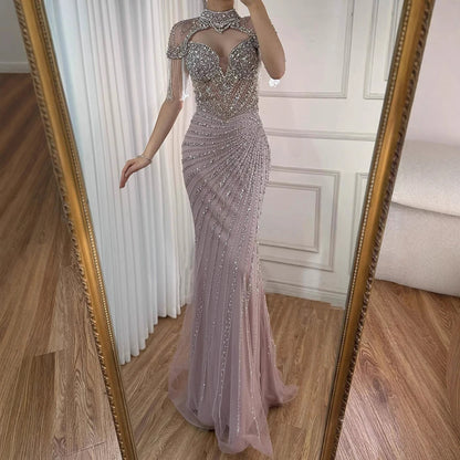 Luxury Pink Beaded Tassel Mermaid Evening Dress Long Gown LA73184 - SERENE HILL