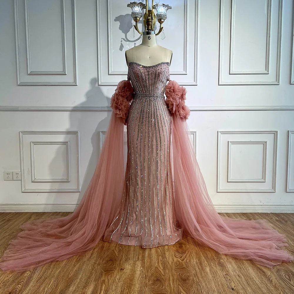 Luxury Pink Beaded Mermaid Arabic Evening Dress with Cape LA73019 - SERENE HILL
