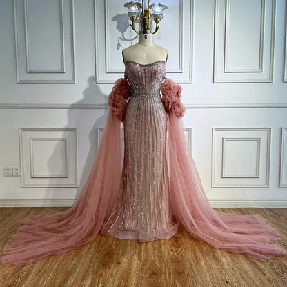 Luxury Pink Beaded Mermaid Arabic Evening Dress with Cape LA73019 - SERENE HILL