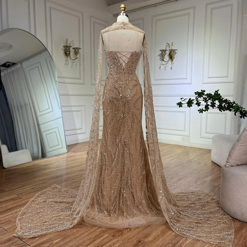 Luxury Nude Beaded Evening Dress with Cape Sleeves LA72824 - SERENE HILL