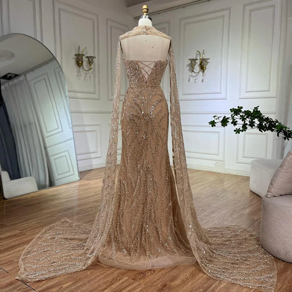 Luxury Nude Beaded Evening Dress with Cape Sleeves LA72824 - SERENE HILL