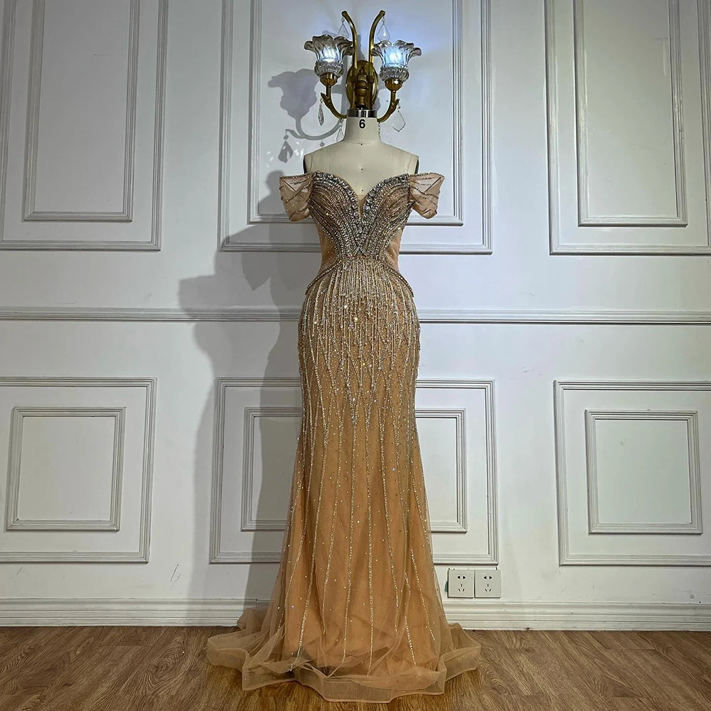 Saudi Arabic Off Shoulder Nude Beaded Tulle Mermaid Evening Gown LA72854 - SERENE HILL