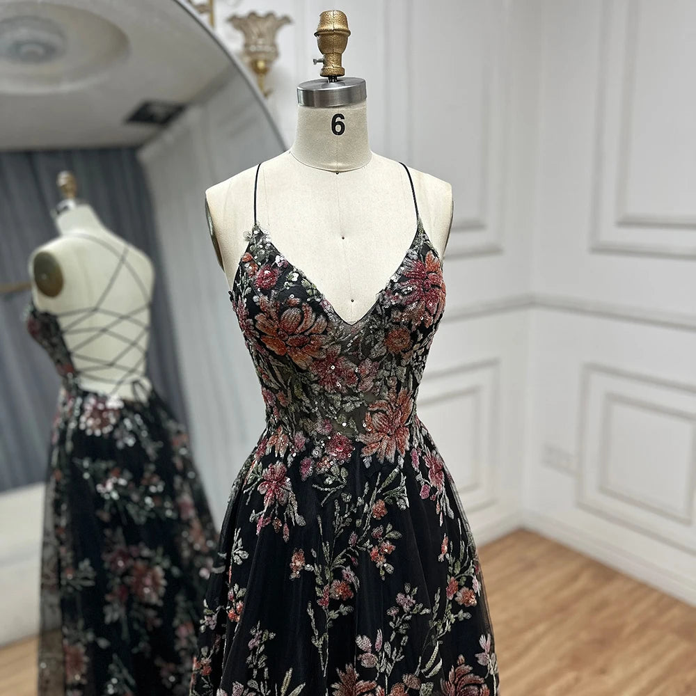 Luxury Dubai Spaghetti Strap A-Line Black Beaded Luxury Prom Dress for Formal Occasion Saudi Arabic LA72773 - SERENE HILL