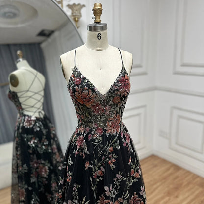 Luxury Dubai Spaghetti Strap A-Line Black Beaded Luxury Prom Dress for Formal Occasion Saudi Arabic LA72773 - SERENE HILL