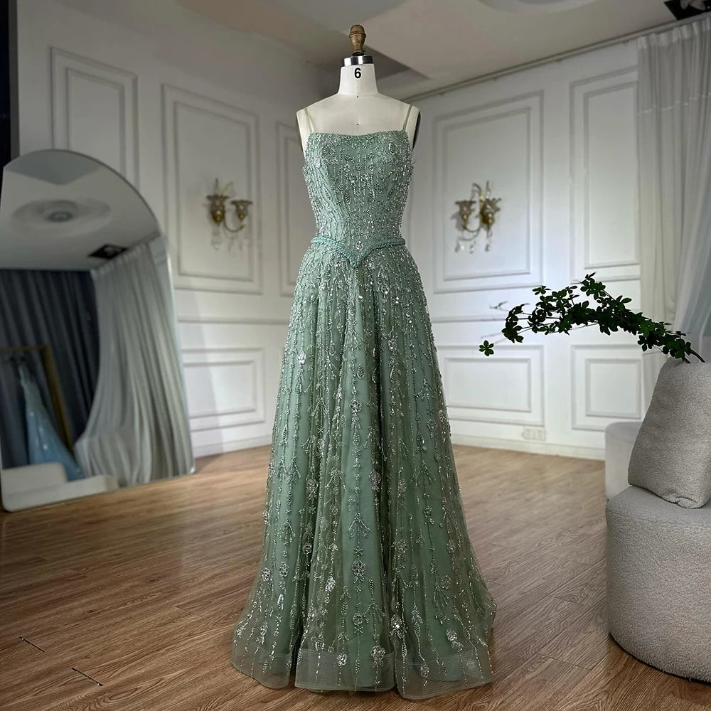 Luxury Sage Green Beaded A-Line Spaghetti Strap Evening Dress LA72805 - SERENE HILL
