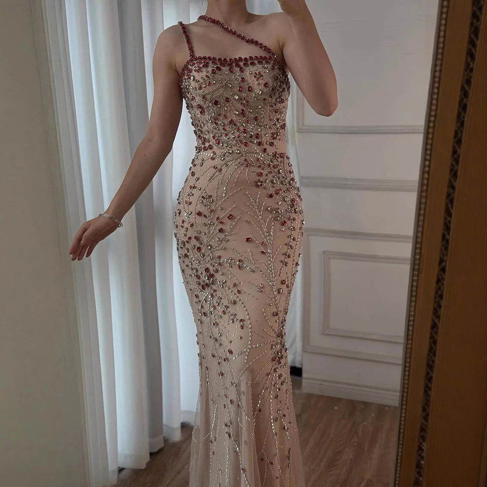 Luxury Red Saudi Arabic Crystal Beaded One Shoulder Evening Dress LA73135 - SERENE HILL