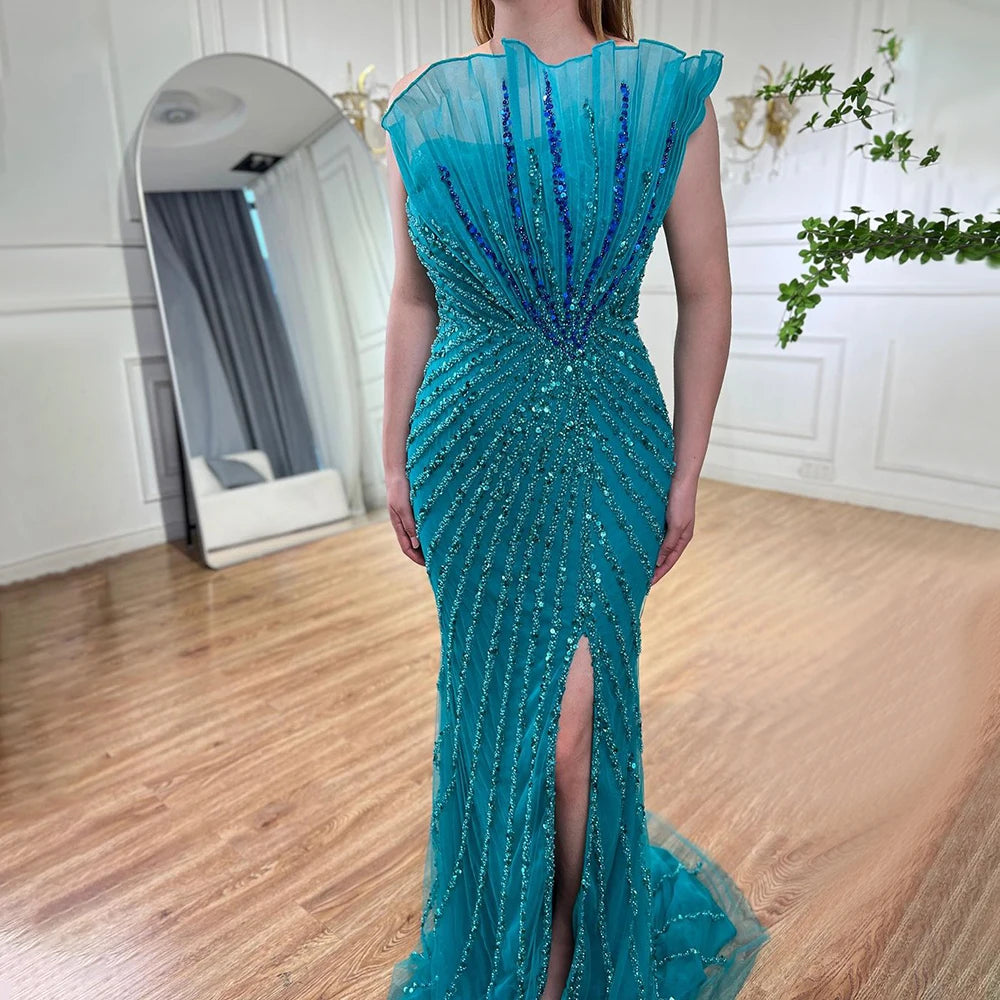 Serene Hill Caramel Sexy High Split Off Shoulder Mermaid Evening Dresses Beaded Gowns 2025 For Women Wedding Party LA72049 - SERENE HILL