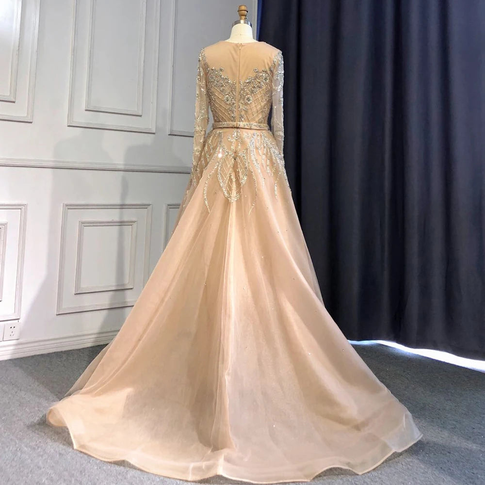 Luxury Nude Beaded Mermaid Evening Dress with Overskirt LA71352 - SERENE HILL