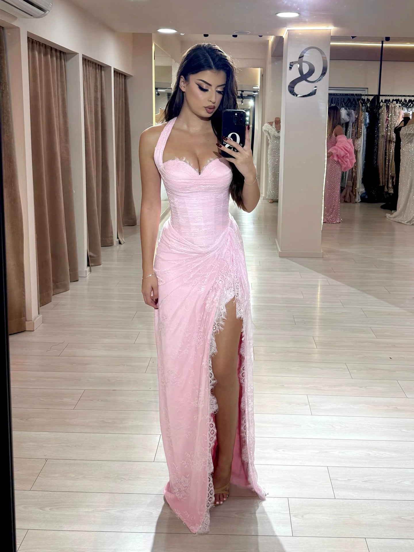 Luxury Pink Lace Halter Saudi Arabic High Split Evening Dress LA73372 - SERENE HILL