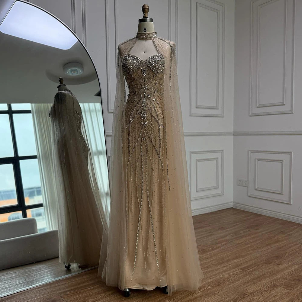 Luxury Turquoise Beaded Cape Sleeve Saudi Arabic Evening Dress LA73136A - SERENE HILL