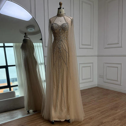 Luxury Turquoise Beaded Cape Sleeve Saudi Arabic Evening Dress LA73136A - SERENE HILL
