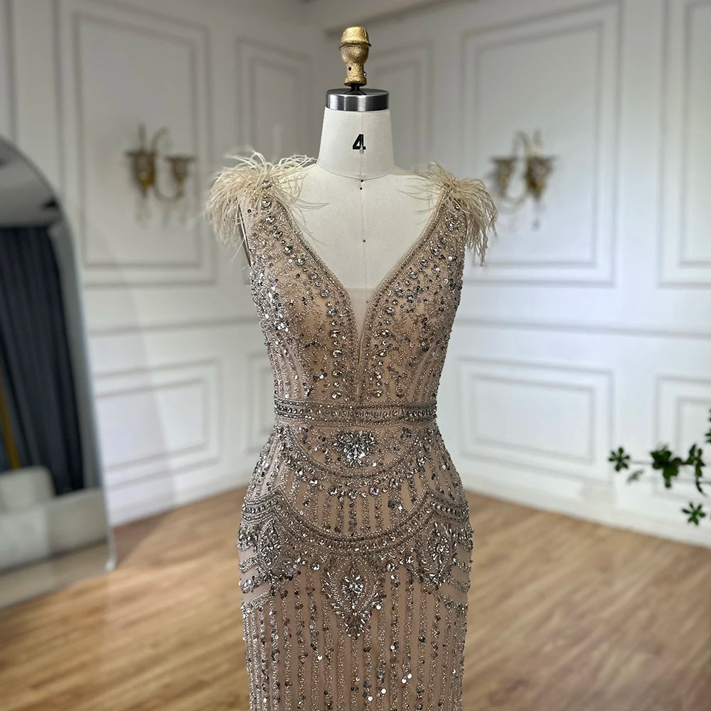 Luxury Dubai Arabic Blue Elegant Split Mermaid Beaded Feathers Long Evening Dresses Gowns for Formal Occasion LA72742 - SERENE HILL