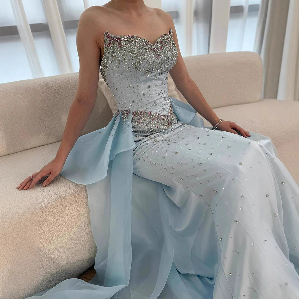Luxury Blue Crystal Beaded Mermaid Evening Dress with Overskirt LA73145 - SERENE HILL