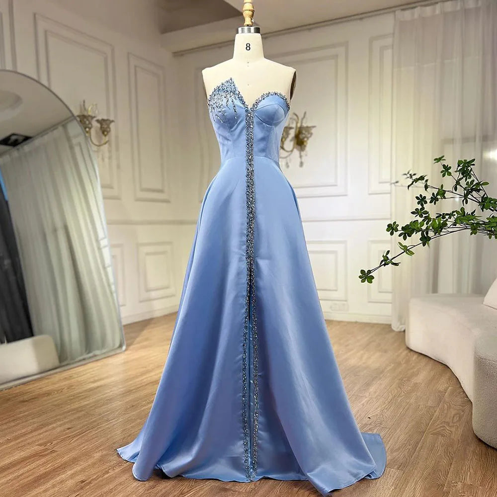 Elegant Blue Satin Arabic Evening Dress Luxury Crystal Side Slit LA71847 - SERENE  HILL