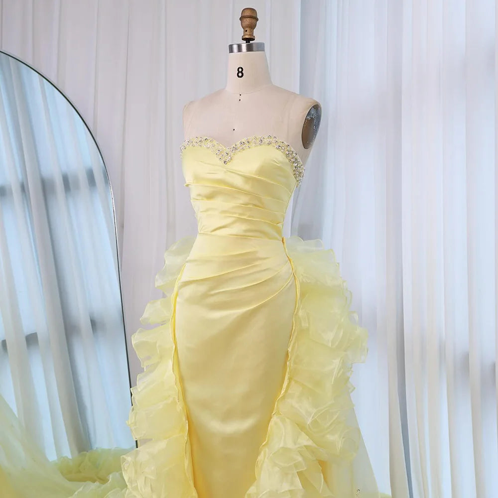 Luxury Dubai Evening Gown for Formal Occasion Elegant Yellow Dress with Ruffles and Beaded Details LA72889 - SERENE HILL