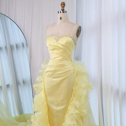 Luxury Dubai Evening Gown for Formal Occasion Elegant Yellow Dress with Ruffles and Beaded Details LA72889 - SERENE HILL