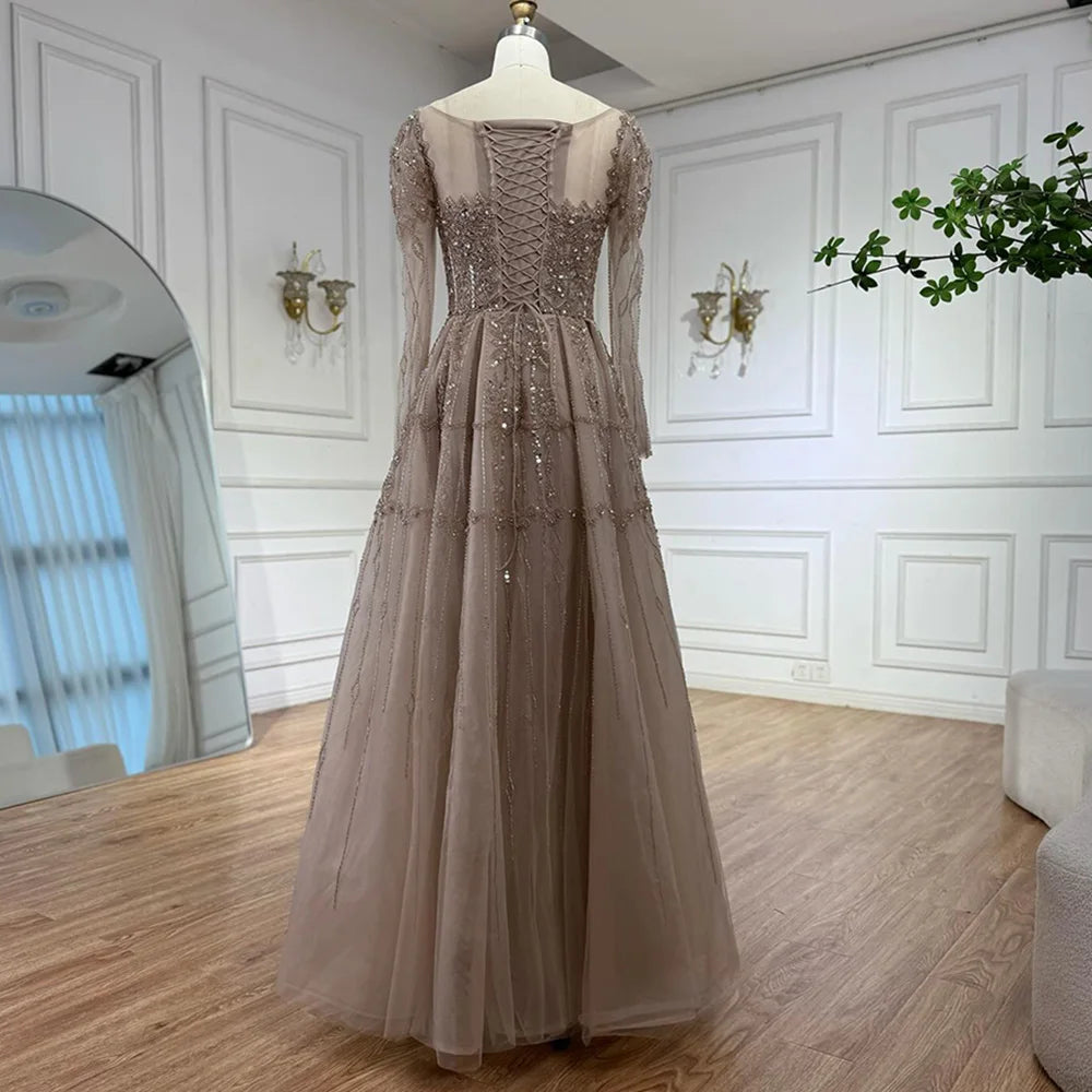 Luxury Caramel A-Line Beaded Evening Dress with Long Sleeves LA73077 - SERENE HILL