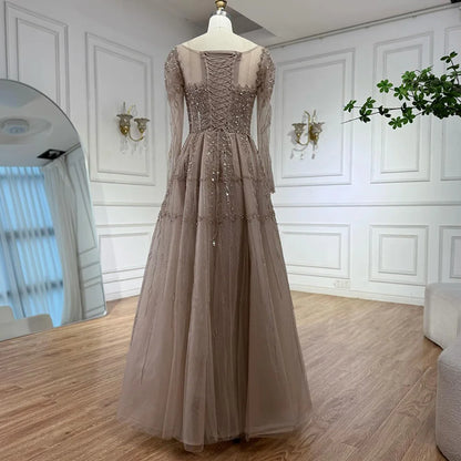 Luxury Caramel A-Line Beaded Evening Dress with Long Sleeves LA73077 - SERENE HILL