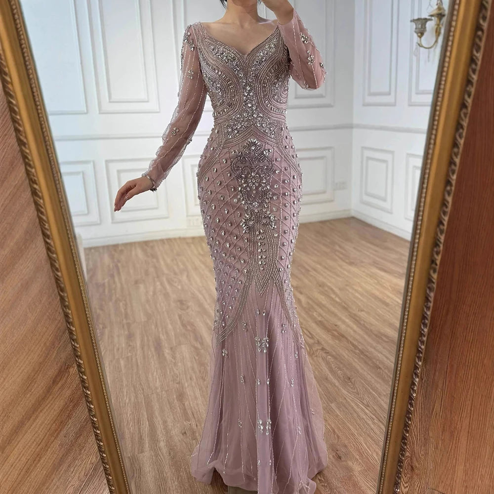 Luxury Nude Long Sleeve Beaded Mermaid Evening Dress LA73155 - SERENE HILL
