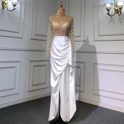White Long Sleeves Mermaid Split Evening Dresses Design 2025 Beaded Luxury Elegant For Women Party Serene Hill LA71531 - SERENE HILL