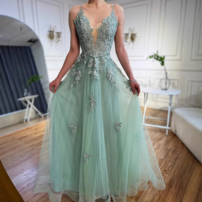 Luxury Sage Green Lace A-Line Prom Dress with Spaghetti Straps LA73005 - SERENE HILL