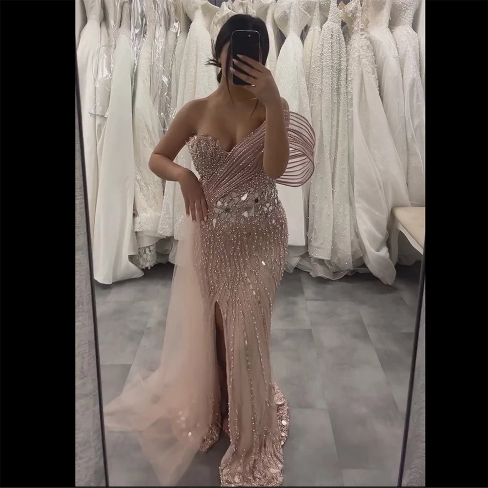 Luxury Dubai Pink Beaded One-Shoulder Mermaid Evening Gown with Slit and Tulle Detail for Formal Occasion LA72888 - SERENE HILL