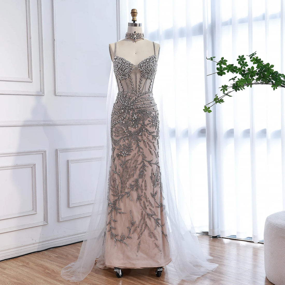 Luxury Evening Dress Grey Beaded With Cape Prom Gown LA73342 - SERENE HILL