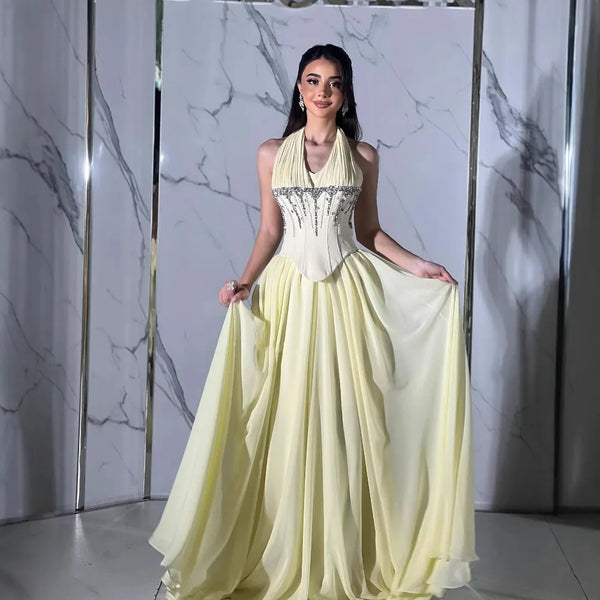 Classy Yellow Chiffon Halter Beaded Ball Gown LA73074