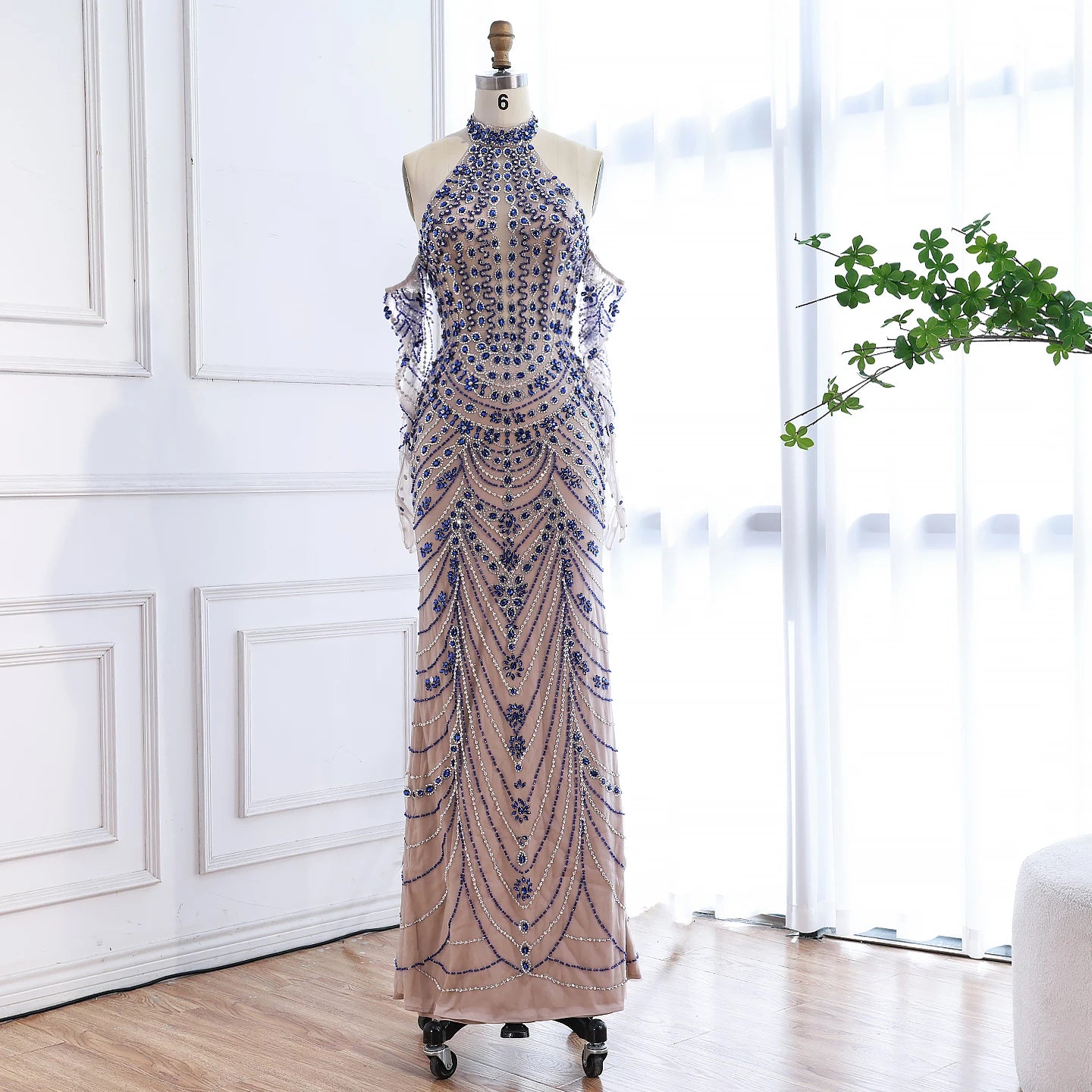 Luxury Kosovo Blue Evening Dress With Gloves LA72760C - SERENE HILL