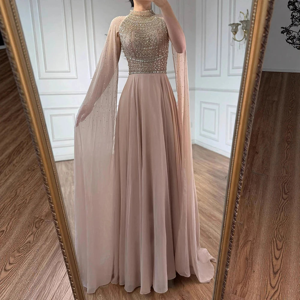 Luxury Nude Chiffon Beaded Evening Dress with Cape LA73144 - SERENE HILL