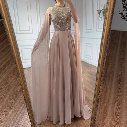 Luxury Nude Chiffon Beaded Evening Dress with Cape LA73144 - SERENE HILL