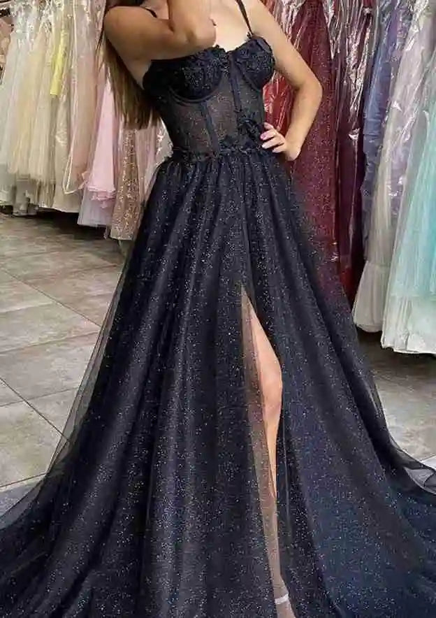 Serene Hill Arabic Black A-Line Sweetheart Spaghetti Straps Tulle Glitter Prom Dress with Appliqué for Women&