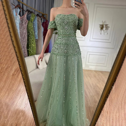 Luxury Caramel Off The Shoulder A-Line Beaded Evening Dress LA72709 - SERENE HILL