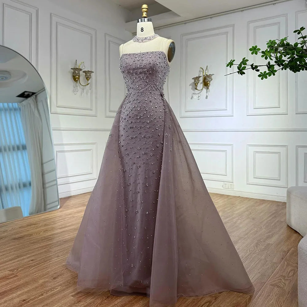 Luxury Arabic Pink Beaded Mermaid Evening Dress with Overskirt LA73084 - SERENE HILL