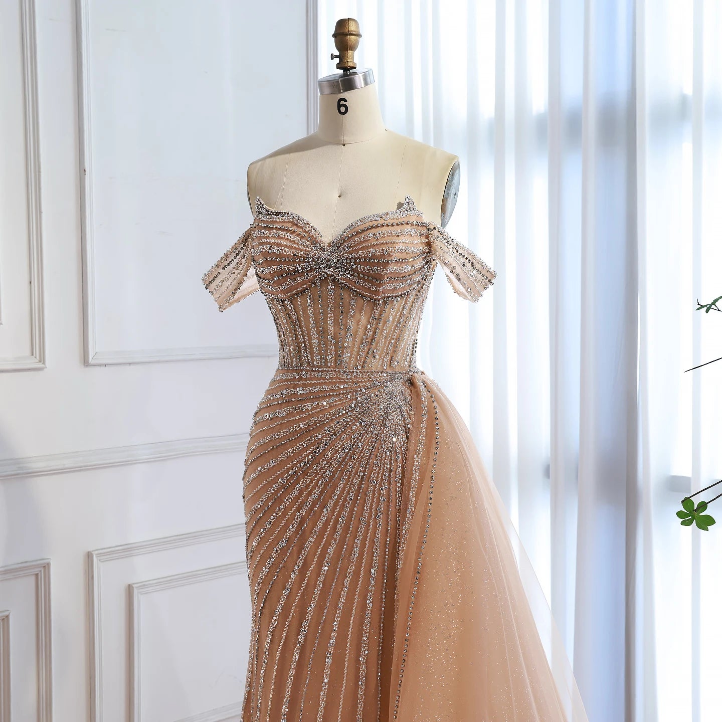 Luxury Nude Off Shoulder Beaded Mermaid Gown with Overskirt LA73139 - SERENE HILL