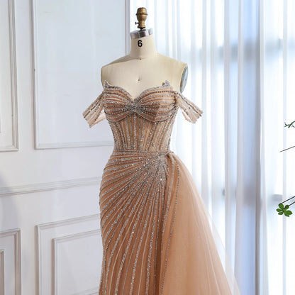 Luxury Nude Off Shoulder Beaded Mermaid Gown with Overskirt LA73139 - SERENE HILL
