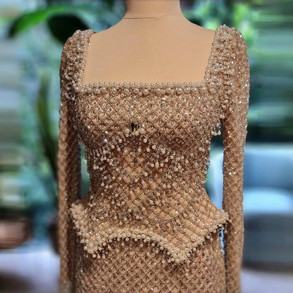 Modest Pearl Beaded Mermaid Evening Dress with Long Sleeves LA72919A - SERENE HILL