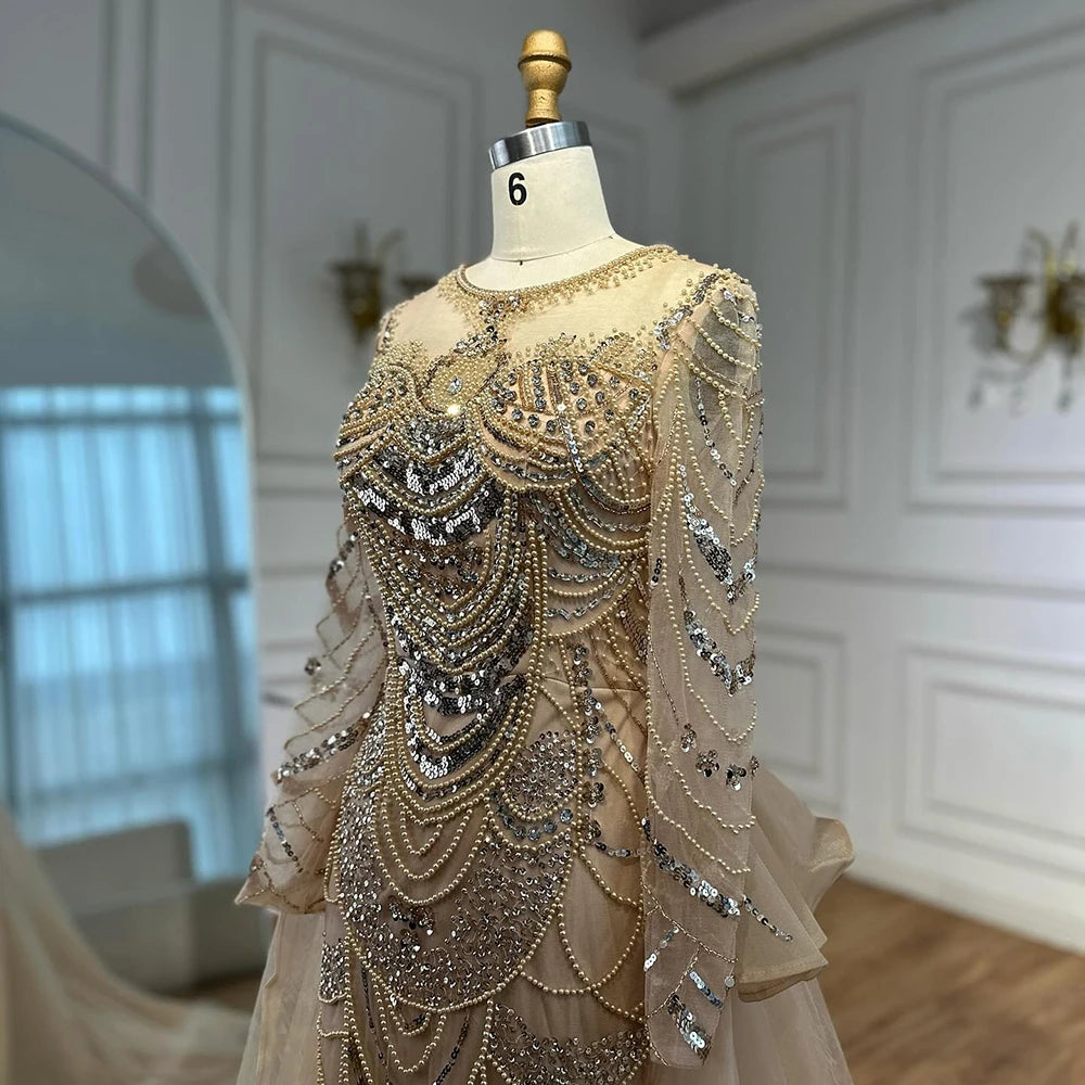 Luxury Arabic Nude Evening Dress Long Sleeve Overskirt LA72971 - SERENE HILL