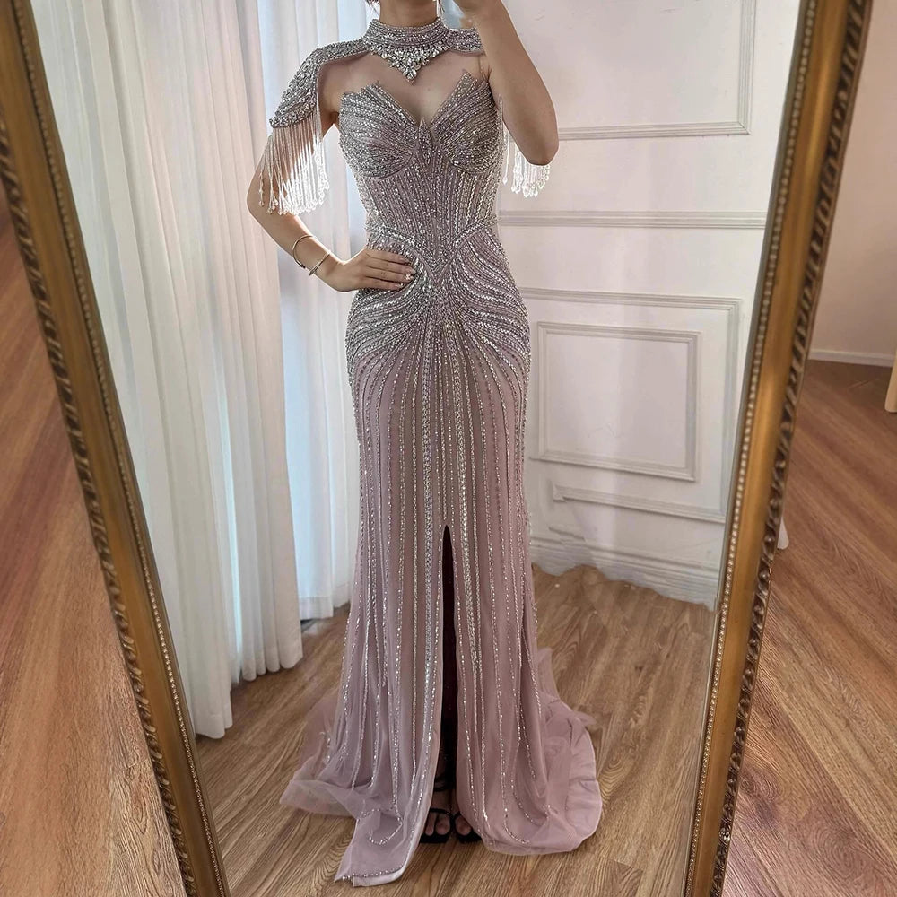 Nude Mermaid Evening Dress with Detachable High Neck Tassel LA72891A - SERENE HILL