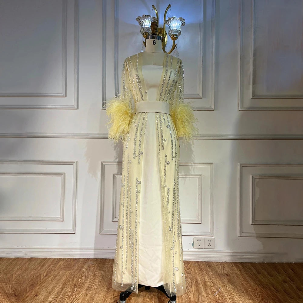 Light Yellow Luxury Feathers Evening Dresses for Wedding Party LA71759 - SERENE HILL