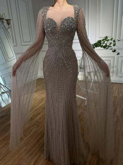 Luxury Caramel Crystal Beaded Mermaid Evening Dress with Cape LA72575D - SERENE HILL