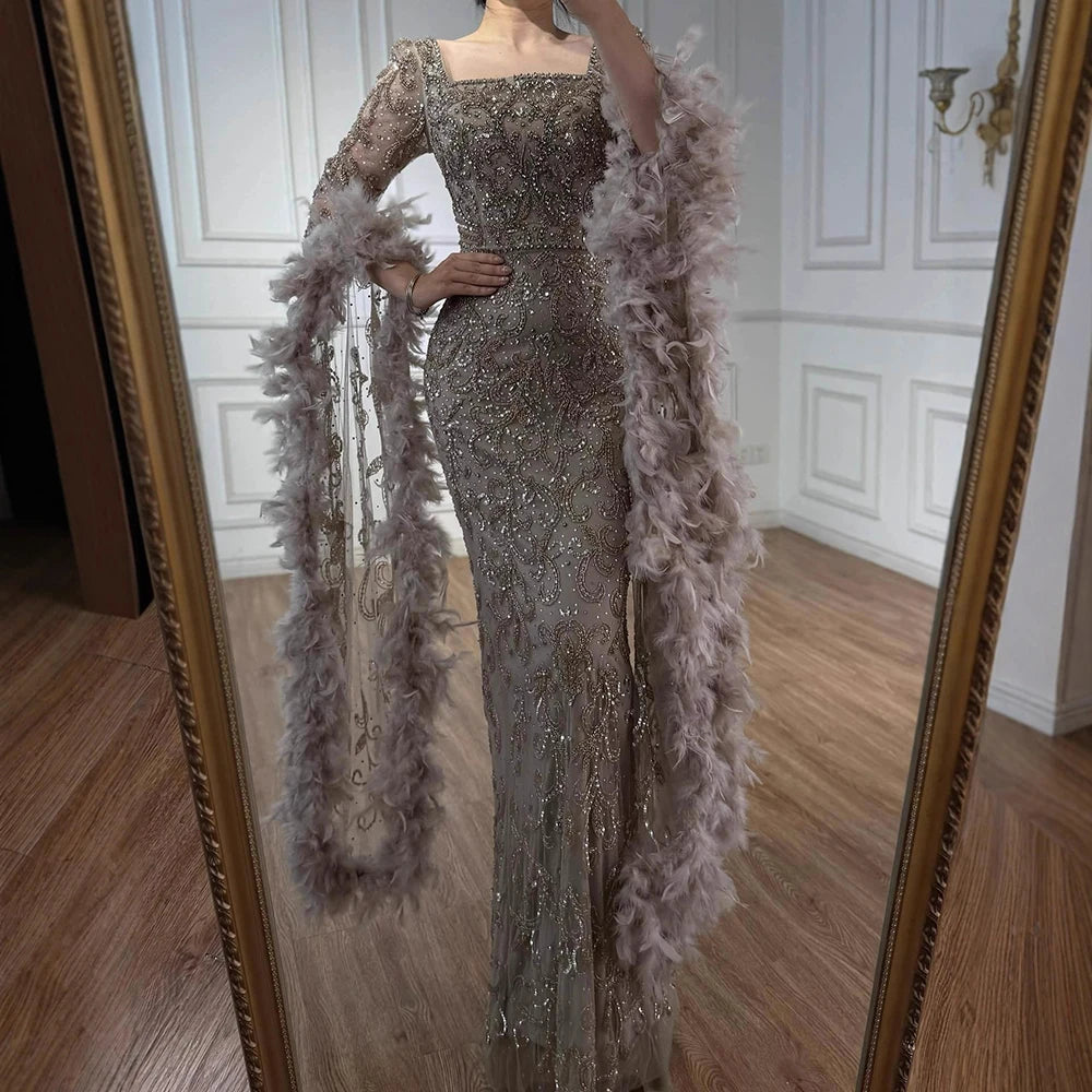 Luxury Turquoise Beaded Mermaid Evening Dress with Flared Sleeves and Feathers LA72767 - SERENE HILL