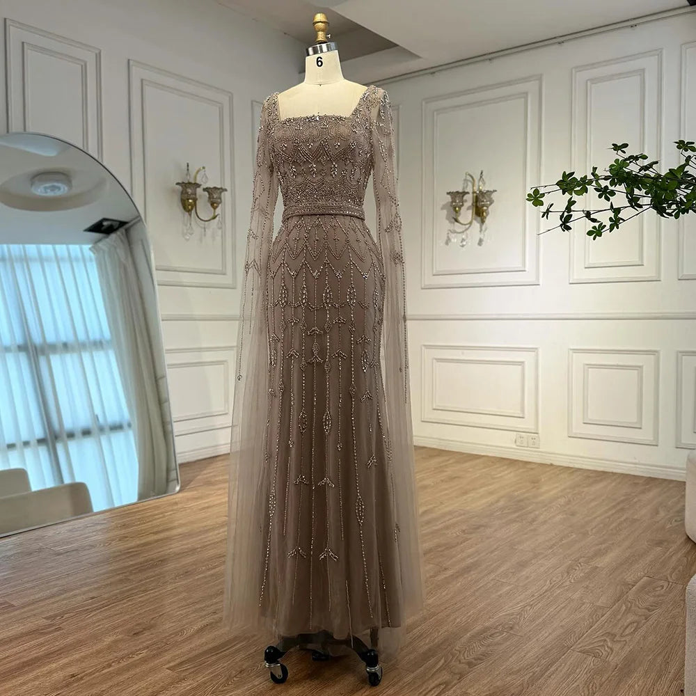 Luxury Arabic Caramel Beaded Evening Dress with Cape Sleeves LA72966A - SERENE HILL