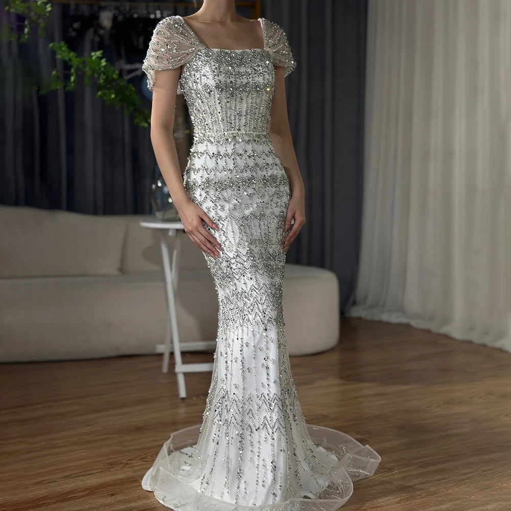Luxury Dubai White Mermaid Beaded Evening Dress with Cape Sleeves LA72714 - SERENE HILL