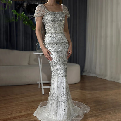 Luxury Dubai White Mermaid Beaded Evening Dress with Cape Sleeves LA72714 - SERENE HILL