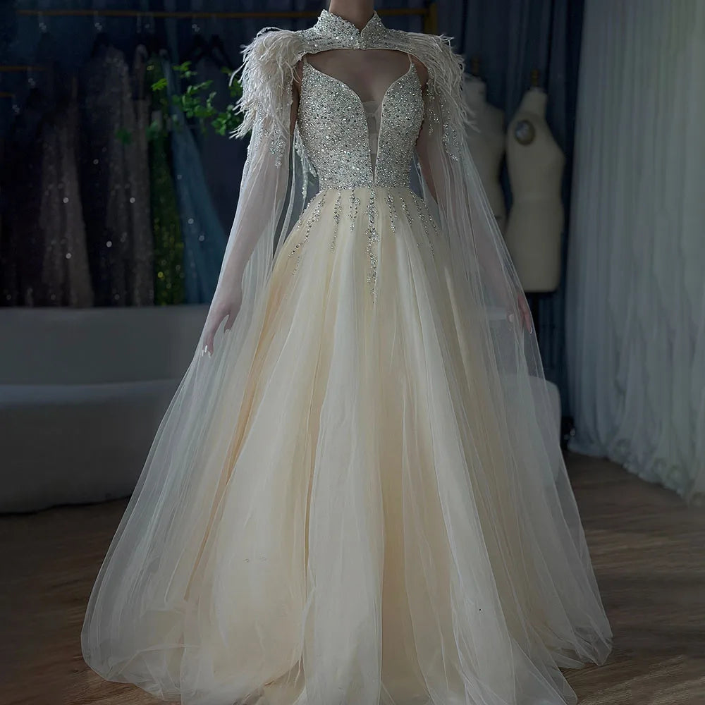Luxury Dubai Arabic Beige A-Line Feathers Long Cape Luxury Beaded Saudi Evening Dresses Gowns for Formal Occasion LA72722 - SERENE HILL