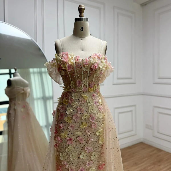 Luxury Dubai   Nude Floral Beaded Off Shoulder Corset Evening Gown With Overskirt for Formal Occasion LA72861