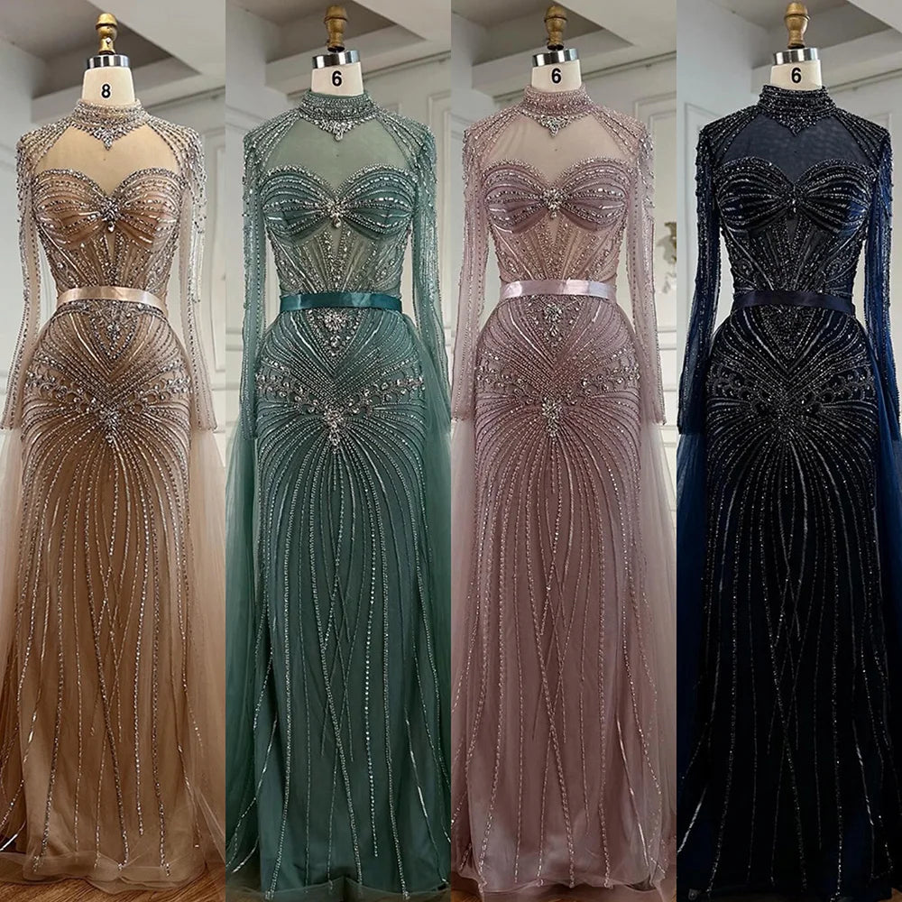 Luxury Nude Modest Beaded Evening Dress Long Sleeves With Overskirt LA72990 - SERENE HILL